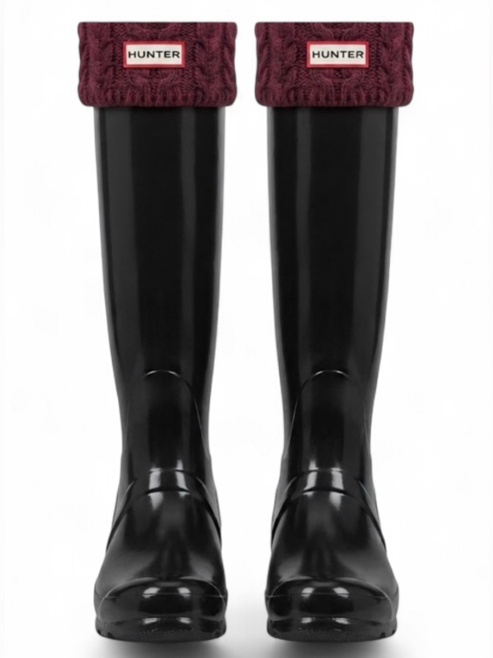 Hunter Black Rain Boots with Burgundy Red Knit Socks 7M/8F